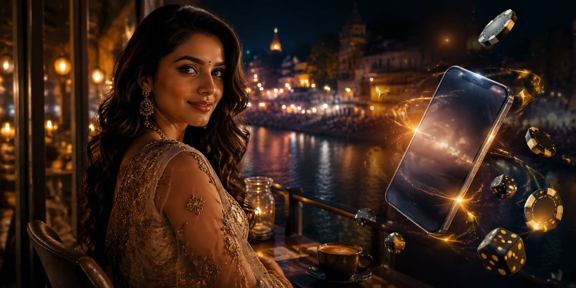 Night market scene with modern casino app usage in Varanasi
